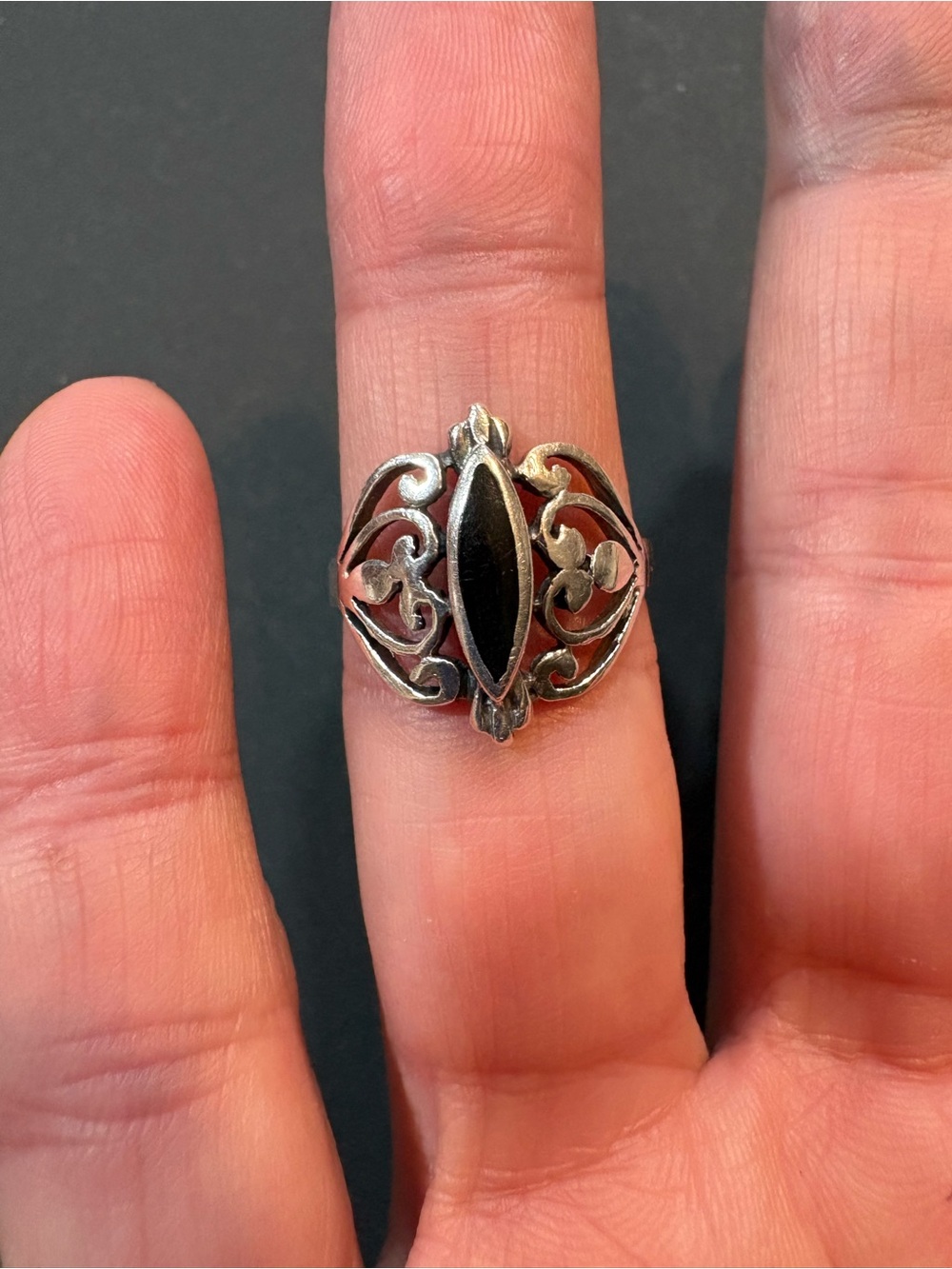 Vintage Sterling Silver Black Onyx Marquise Filigree Statement Ring Size 7